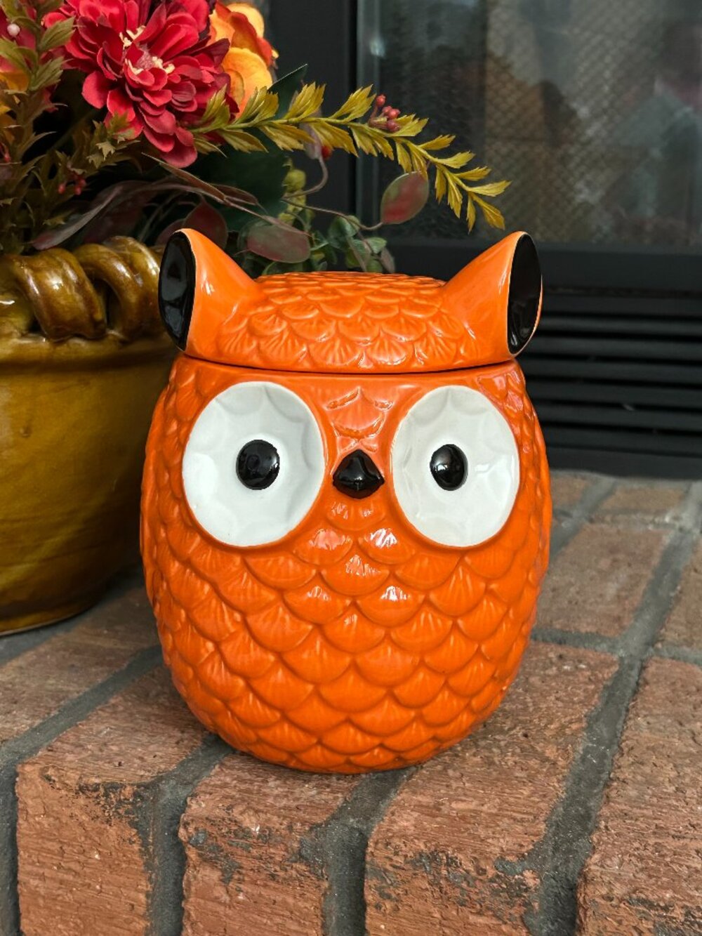 Orange Ceramic Owl Cookie Jar Canister w Lid Fall Halloween Decor 7.75"